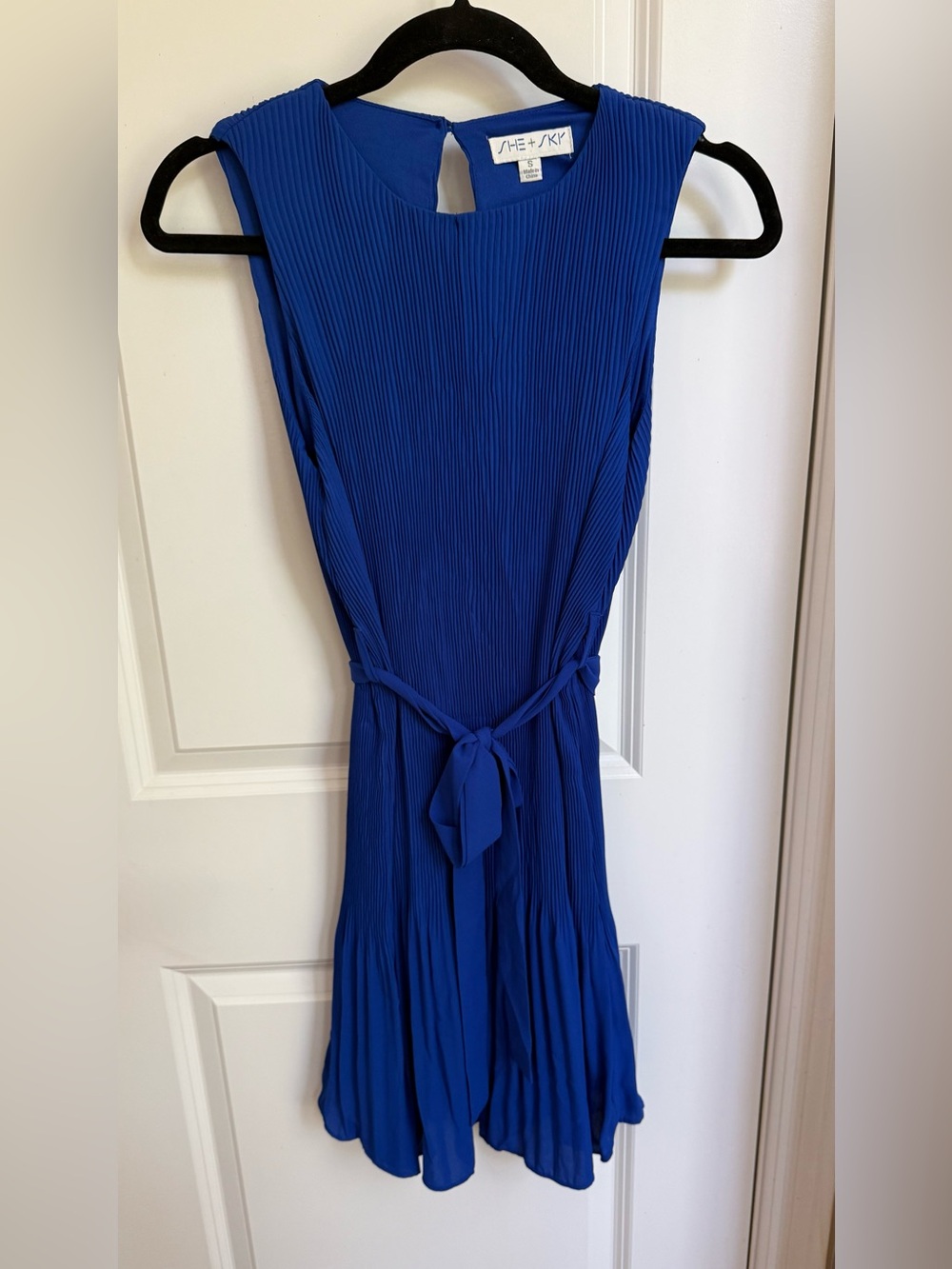 She + Sky  Cobalt Pleated Tie-Waist Mini Dress